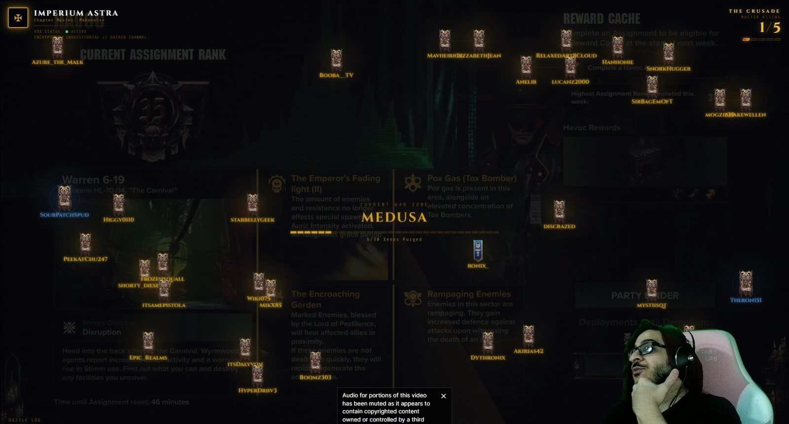 Imperium Astra custom overlay for Warhammer 40,000: Darktide, showing a crusade board with viewer banners and mission-styled trackers
