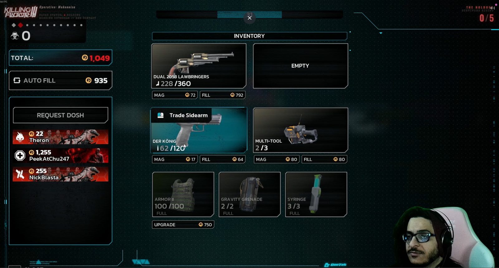 Nightfall custom overlay for Killing Floor 3 with a HUD-matched Holdout survivors meter over the in-game trader screen